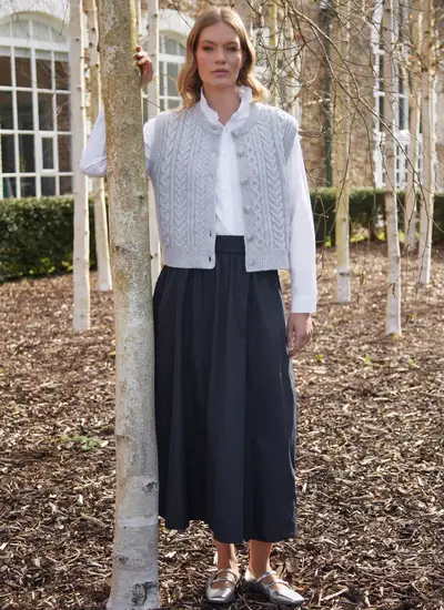 Ladies Sleeveless Aran Cardigan in Grey Melange